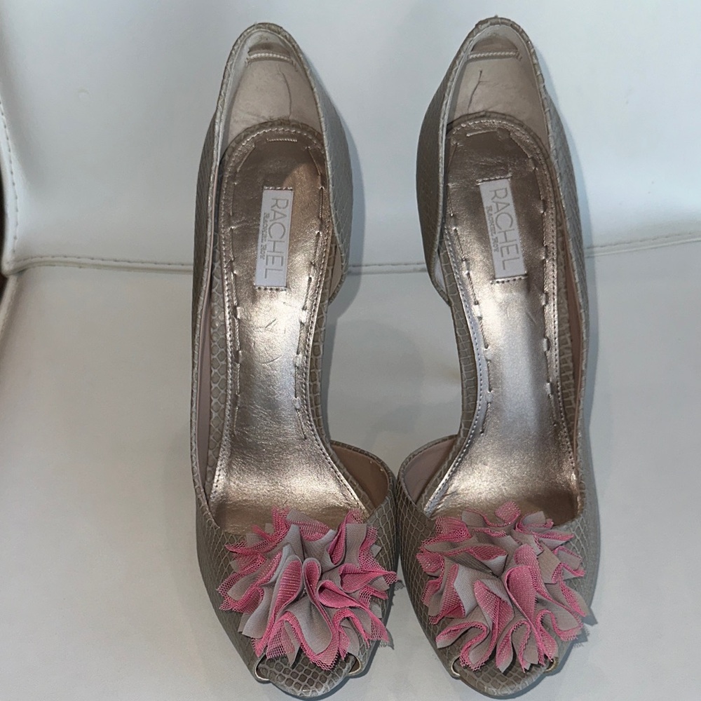 Rachel Taupe Peep-Toe Heels with Pink Fabric Flower